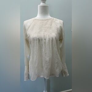 Zara Cream Long-Sleeve Smocked Yoke Women's Top
